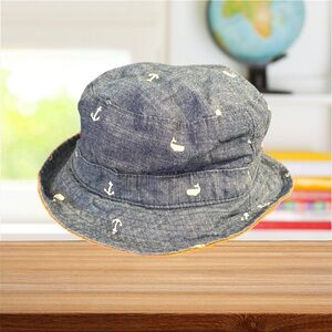 Reversible Nautical Toddler Bucket Hat Bright Orange/Denim Whale Anchor Print